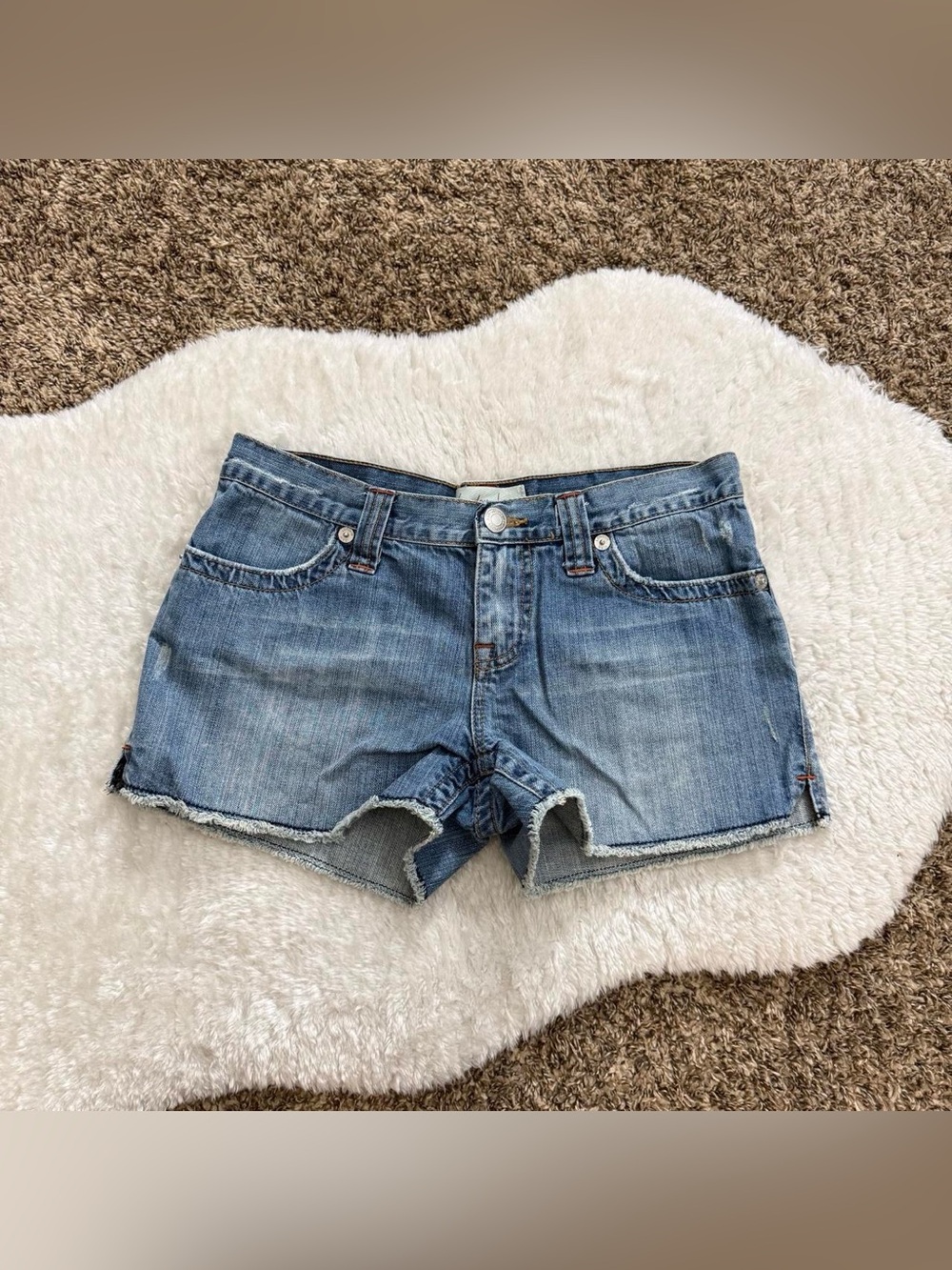 Y2k girly grunge low rise distressed light wash denim shorts